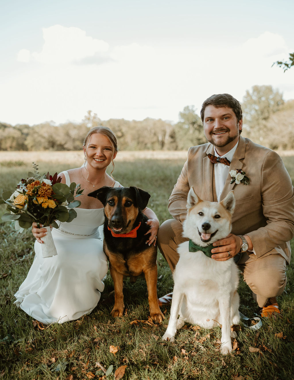 JJ & Will crouch with their two bow-tied dogs in a grassy field for portraits at Covey Creek