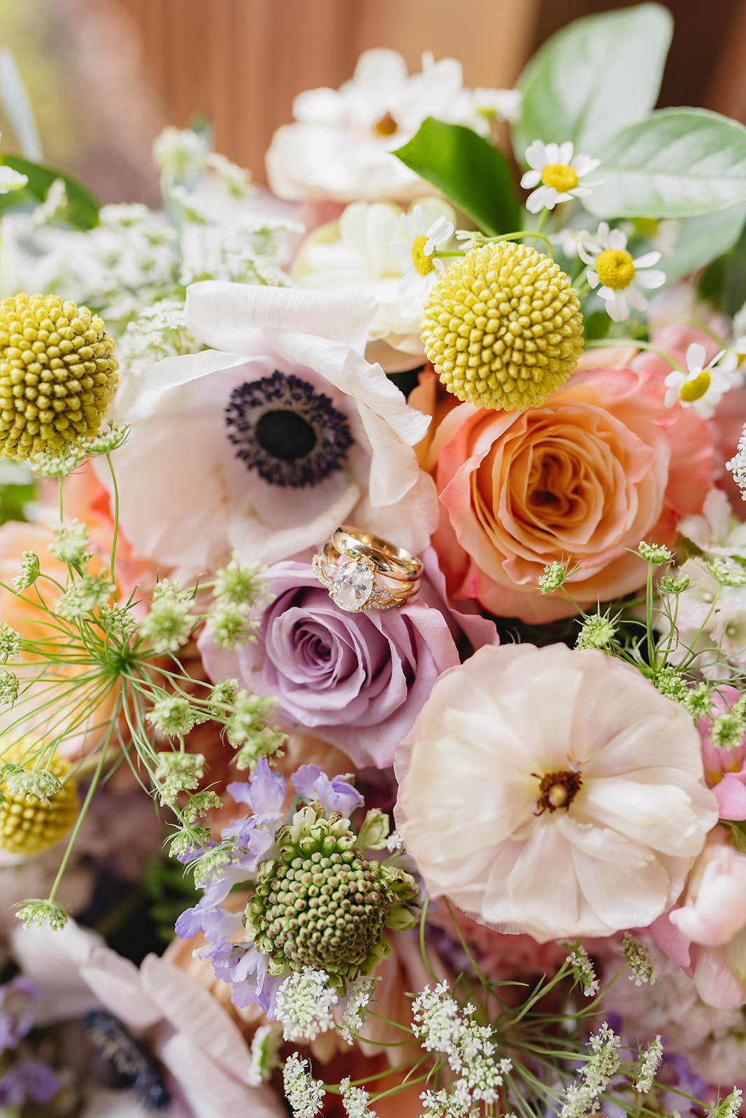 Meredith & Benjamin's gold rings rest on a lavender rose in her colorful bridal bouquet at Covey Creek