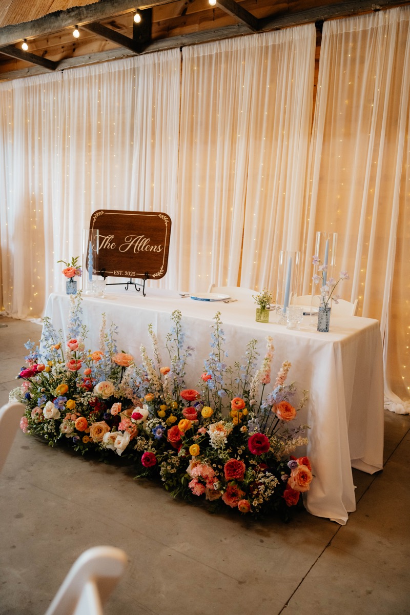 Morgan & Caden sweetheart table at Covey Creek with floor florals, blue tapers, and The Allens est. 2025