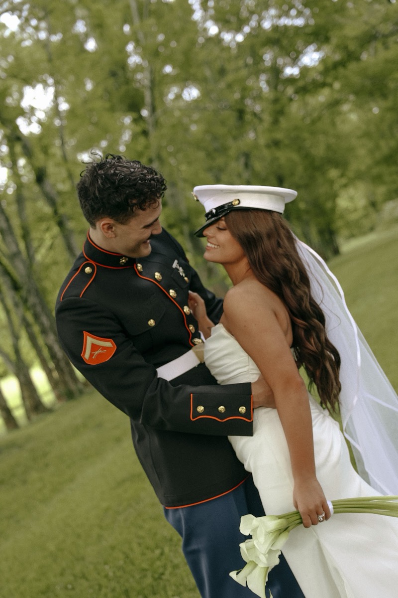 Cadence wears Brody's white cover and laughs with him in Cadence & Brody portraits at Covey Creek